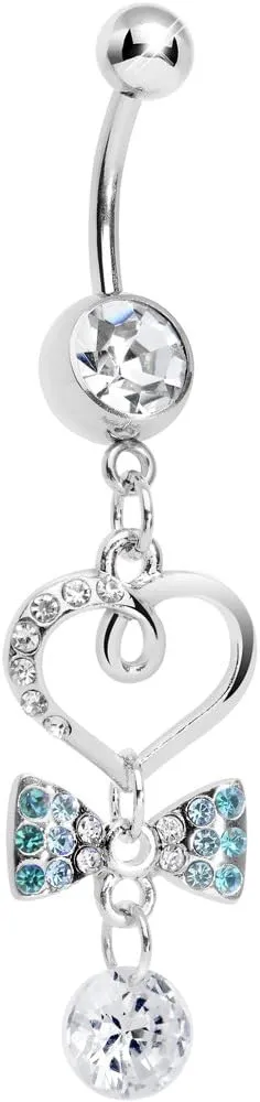 Body Candy Womens Clear Drop Brilliant Blue Bow Half Paved Heart Dangle Belly Ring