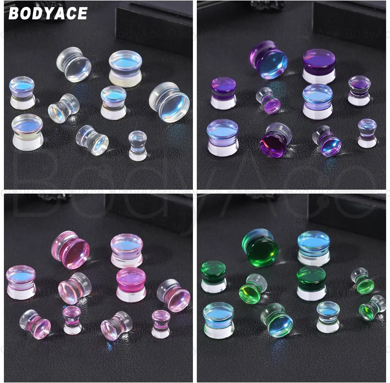 BodyAce Clear Glass Double Flared Concave Saddle Plugs, 6-14mm Clear Plug Glass Ear Gauges, Iridescent Earring Expander 1Pair Solid Ear Stretcher