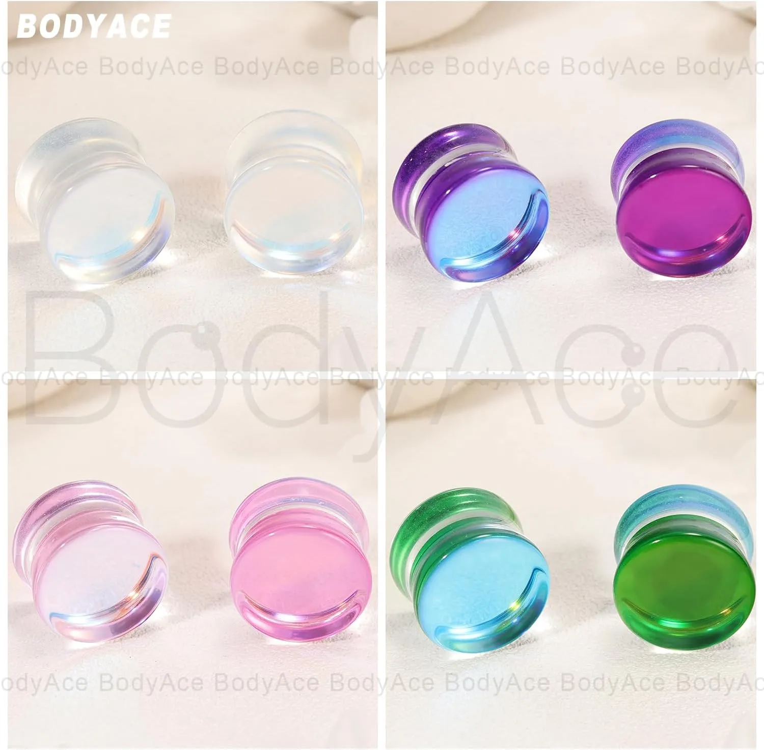 BodyAce Clear Glass Double Flared Concave Saddle Plugs, 6-14mm Clear Plug Glass Ear Gauges, Iridescent Earring Expander 1Pair Solid Ear Stretcher