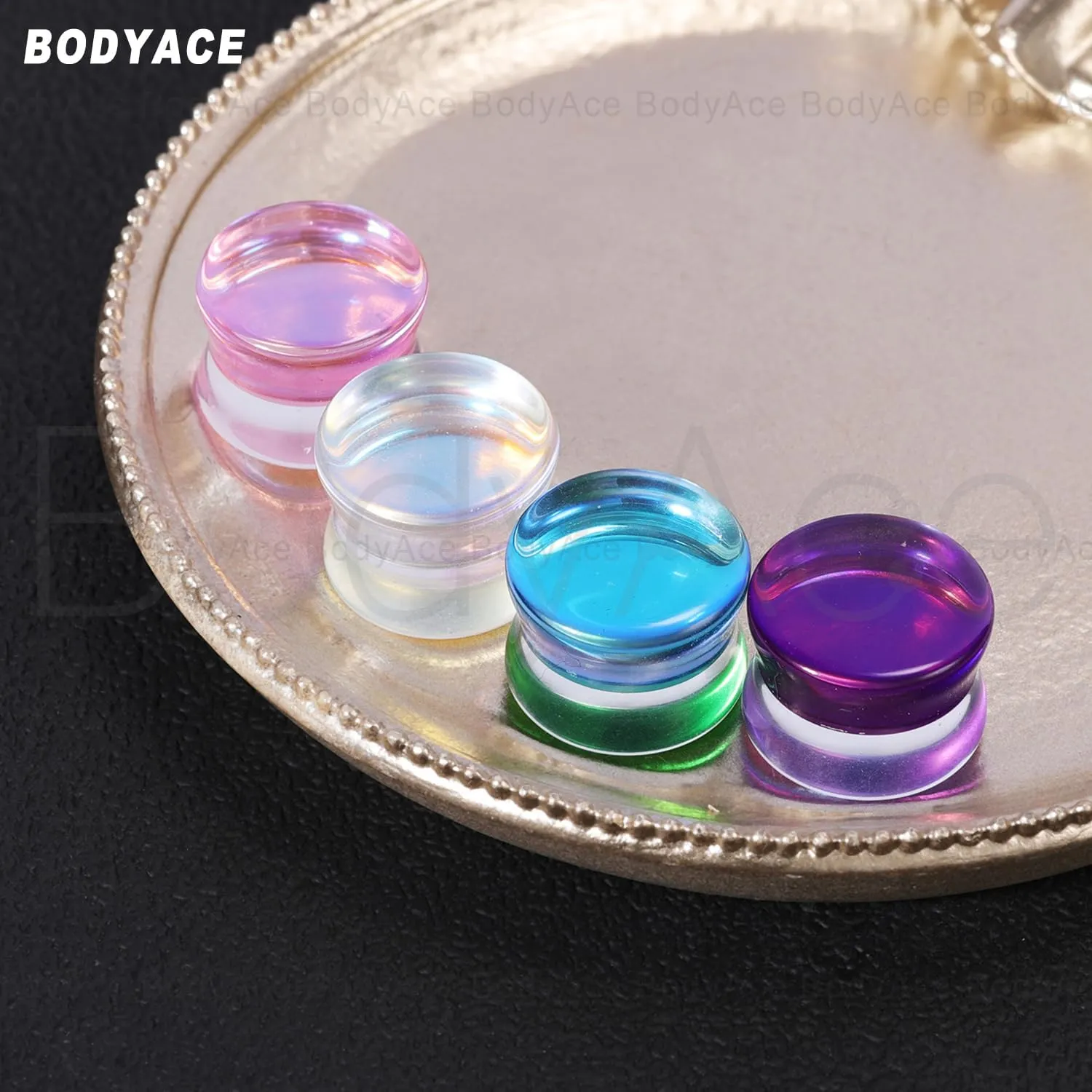 BodyAce Clear Glass Double Flared Concave Saddle Plugs, 6-14mm Clear Plug Glass Ear Gauges, Iridescent Earring Expander 1Pair Solid Ear Stretcher