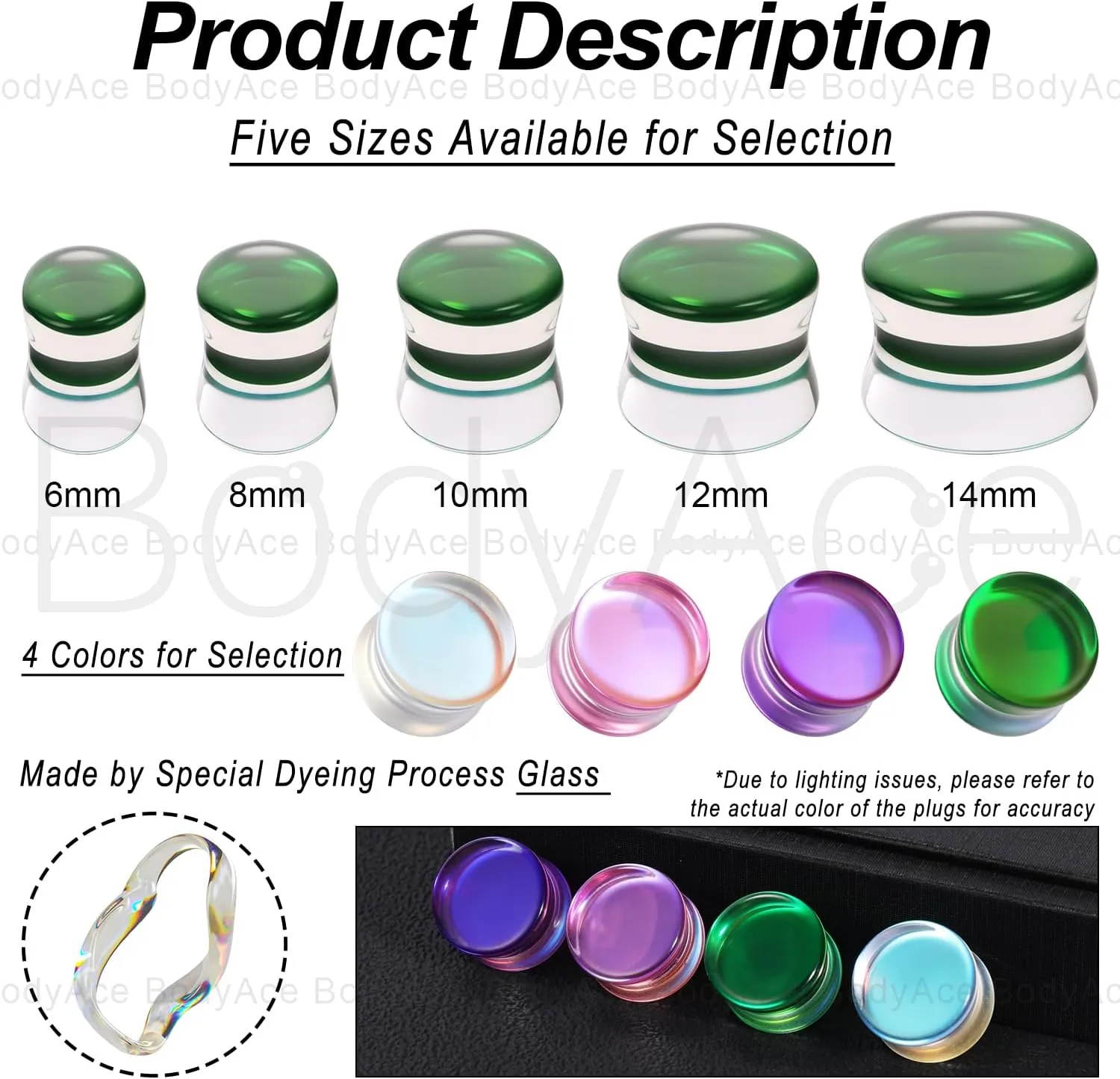 BodyAce Clear Glass Double Flared Concave Saddle Plugs, 6-14mm Clear Plug Glass Ear Gauges, Iridescent Earring Expander 1Pair Solid Ear Stretcher