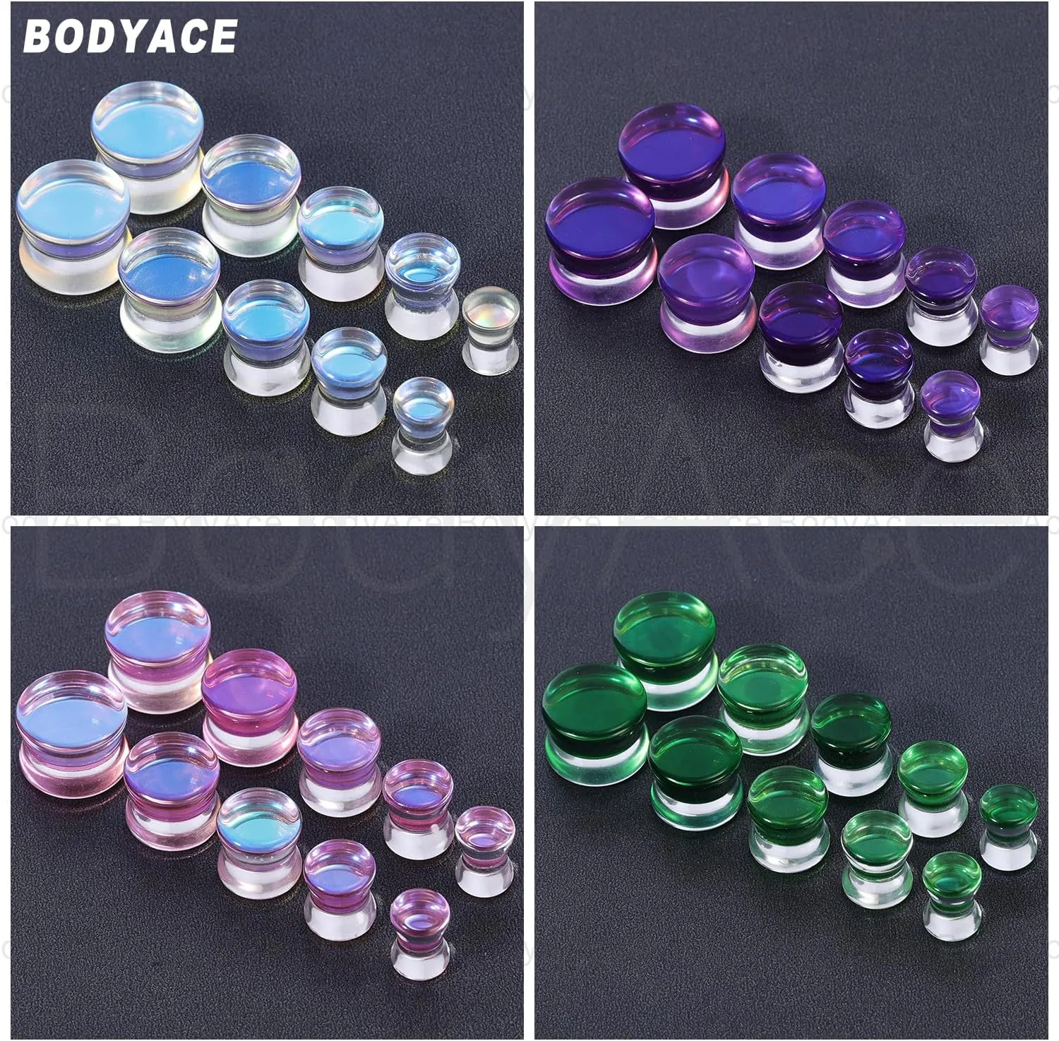 BodyAce Clear Glass Double Flared Concave Saddle Plugs, 6-14mm Clear Plug Glass Ear Gauges, Iridescent Earring Expander 1Pair Solid Ear Stretcher