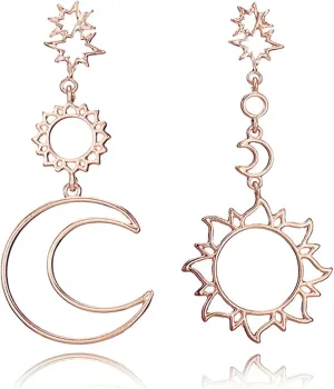 Bohemian Asymmetric Moon Sun Star Earrings for Women Punk Dainty Long Rose Gold Silver Plated Hollow Layered Crescent Stars Planet Celestial Geometric Tassel Chain Statement Dangle Drop Earrings for Her Fashion Jewelry Gifts