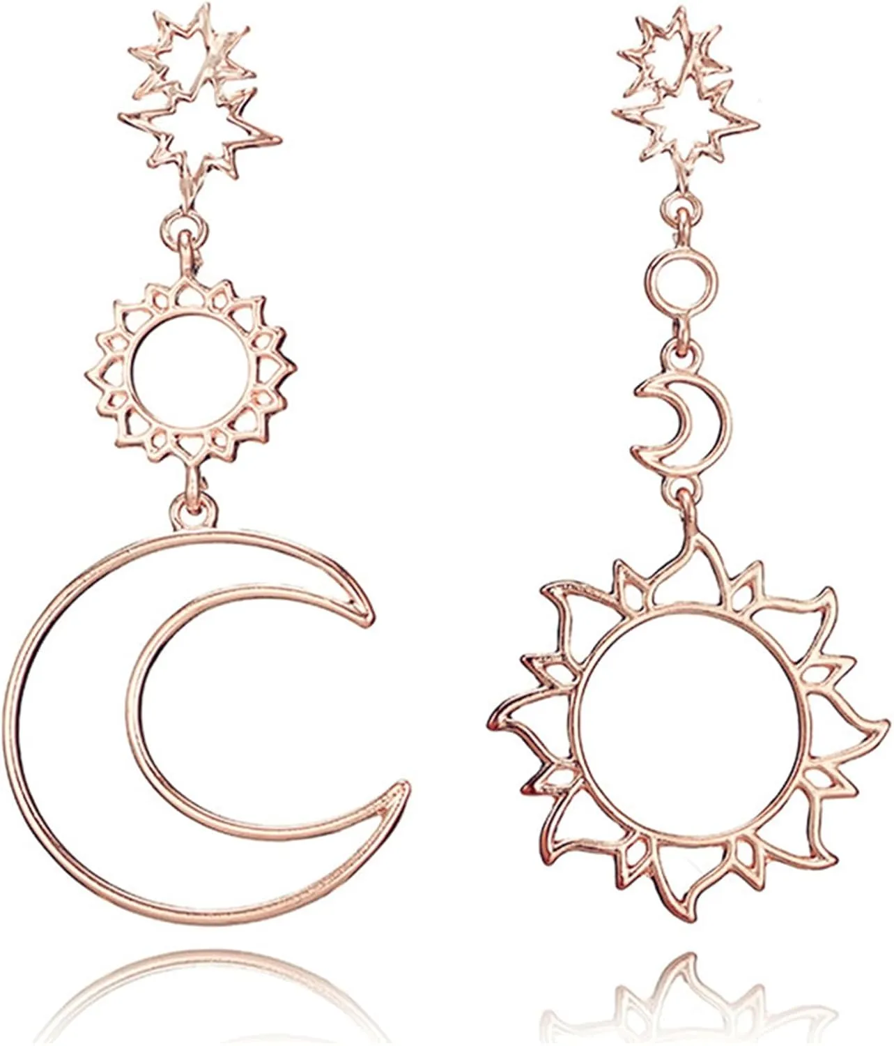 Bohemian Asymmetric Moon Sun Star Earrings for Women Punk Dainty Long Rose Gold Silver Plated Hollow Layered Crescent Stars Planet Celestial Geometric Tassel Chain Statement Dangle Drop Earrings for Her Fashion Jewelry Gifts