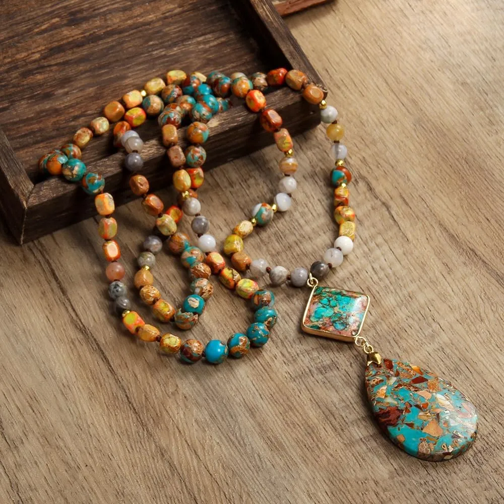 Boho Necklaces for Women Men Long,33/34/35 Inch Natural Jasper Agate Tiger Eye Beaded Stone Pendant Necklaces for Women Trendy,Handmade Bohemian Western Bead Necklace Fashion Charm Jewelry Gift
