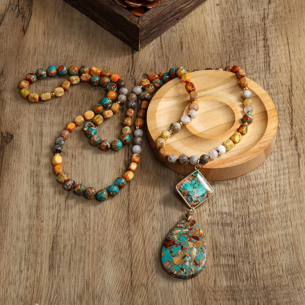 Boho Necklaces for Women Men Long,33/34/35 Inch Natural Jasper Agate Tiger Eye Beaded Stone Pendant Necklaces for Women Trendy,Handmade Bohemian Western Bead Necklace Fashion Charm Jewelry Gift