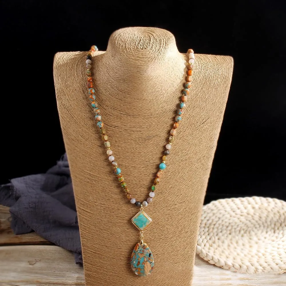 Boho Necklaces for Women Men Long,33/34/35 Inch Natural Jasper Agate Tiger Eye Beaded Stone Pendant Necklaces for Women Trendy,Handmade Bohemian Western Bead Necklace Fashion Charm Jewelry Gift