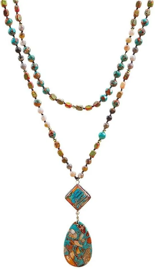 Boho Necklaces for Women Men Long,33/34/35 Inch Natural Jasper Agate Tiger Eye Beaded Stone Pendant Necklaces for Women Trendy,Handmade Bohemian Western Bead Necklace Fashion Charm Jewelry Gift