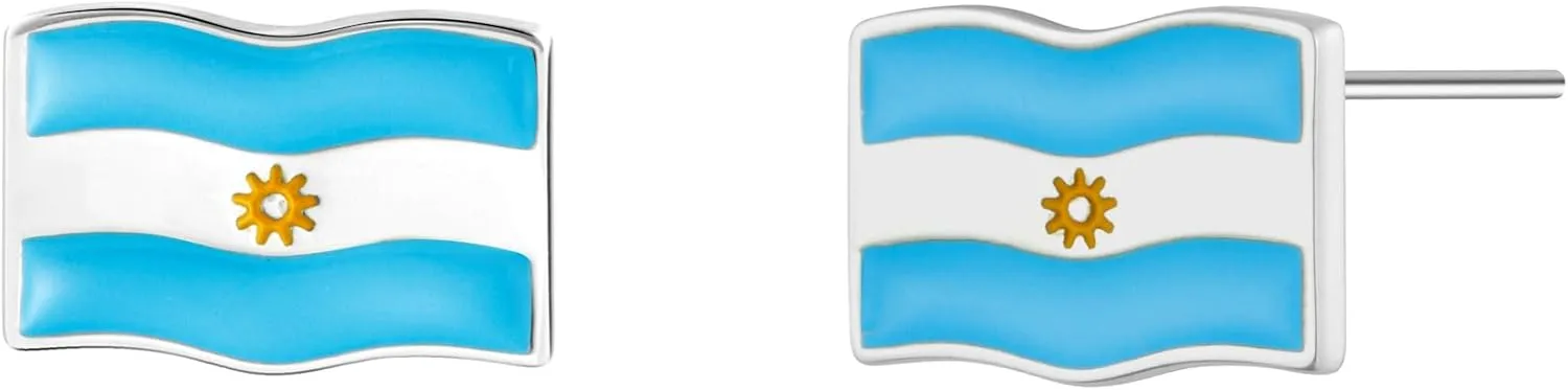 Bolenvi Argentina Flag Country Travel Stud Earrings - Genuine 925 Sterling Silver Back Posts, Earrings with Enamel and Cubic Zirconia Stones, Dainty Studs for Women and Men