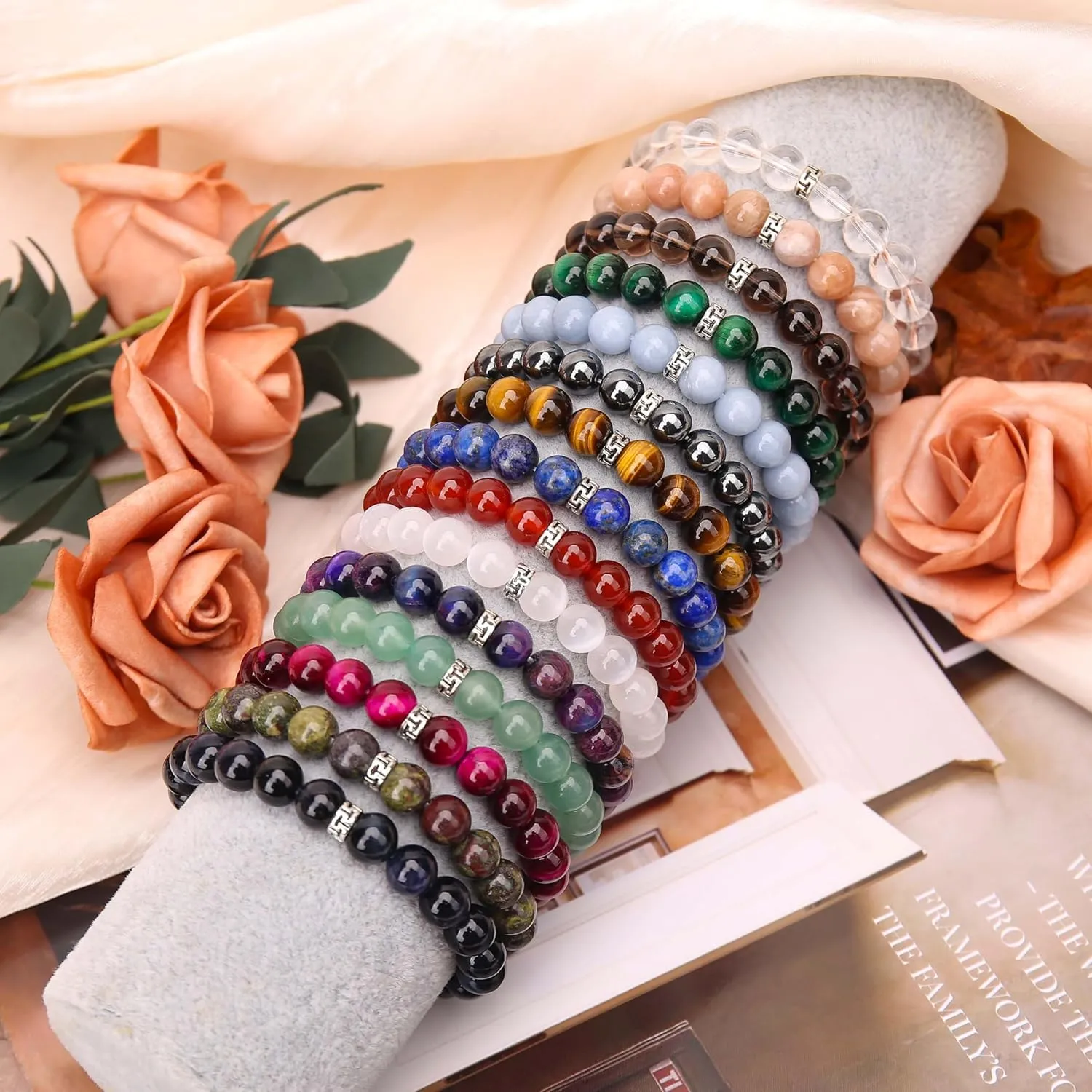 BONNY BOXX Natural Stretch Healing Gemstone Bracelet, 4/6/8mm Semi Precious Stone Bracelet for Men Women, Stress Relief Crystal Jewelry