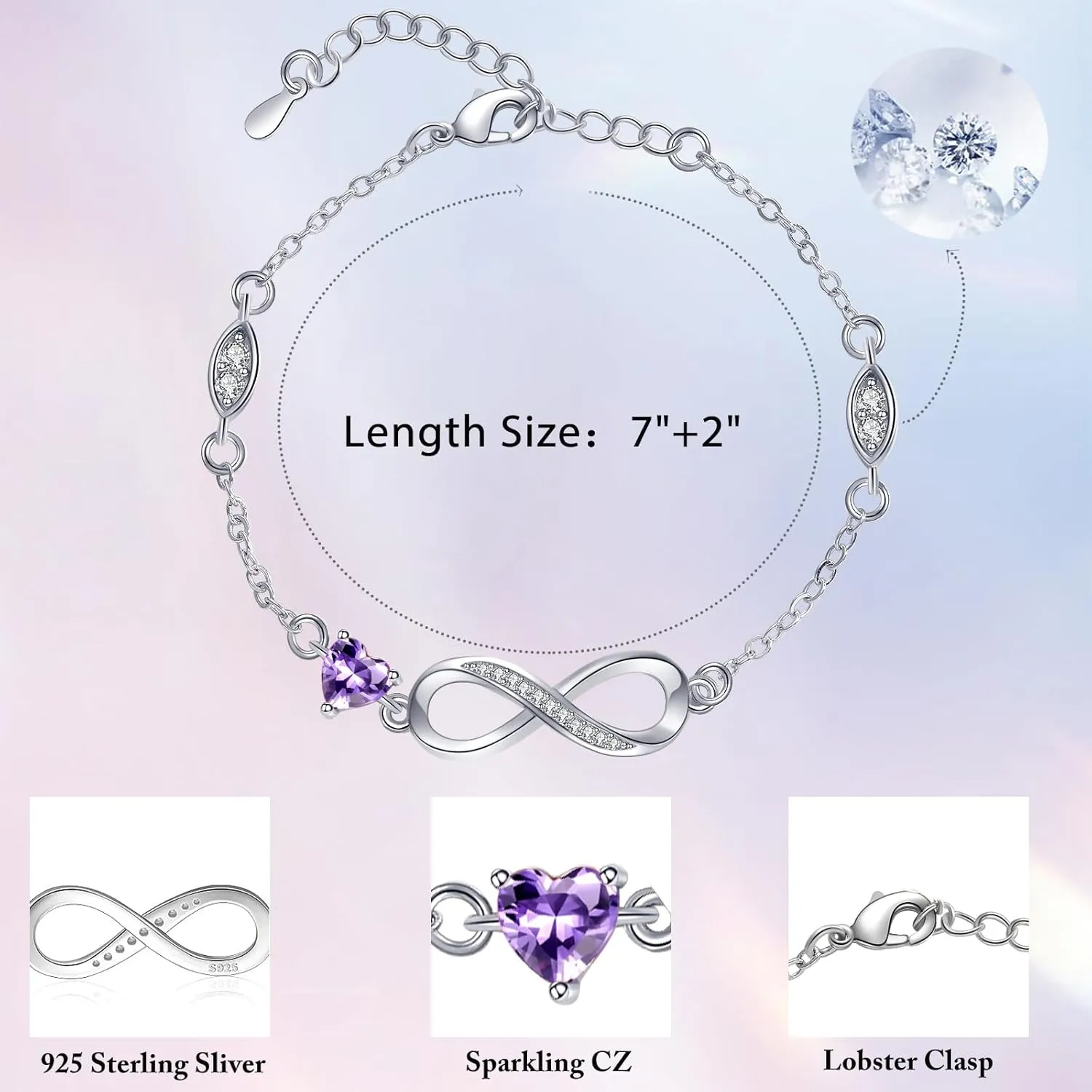Bracelets for Women Sterling Silver Infinity Heart Bracelet Charms Bracelet Trendy Dainty Gift for Ladies Womens Wife Bride Sister Friend Anniversary Birthday Mothers Day Valentines Gifts for Her