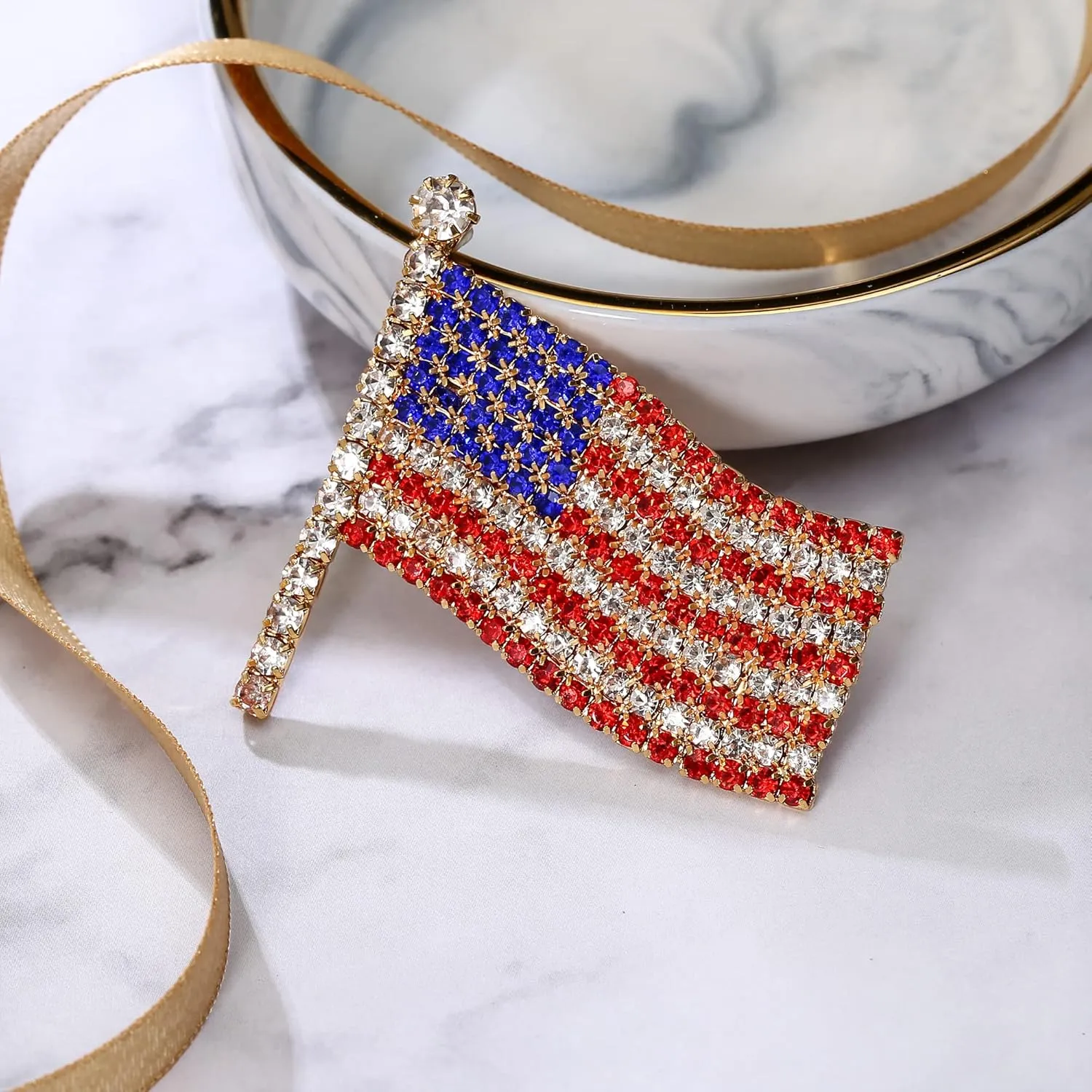 BriLove Austrian Crystals Waving American National Flag Brooch Pin for Women