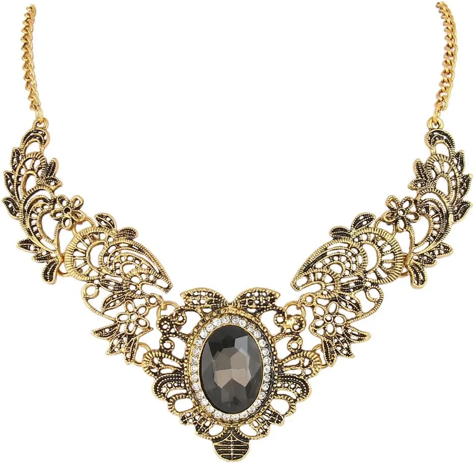 BriLove Women's Vintage Inspired Crystal Floral Scroll Statement Necklace