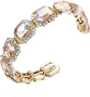 BriLove Women's Wedding Bridal Multi Emerald Cut Crystal Open Bangle Stretch Bracelet