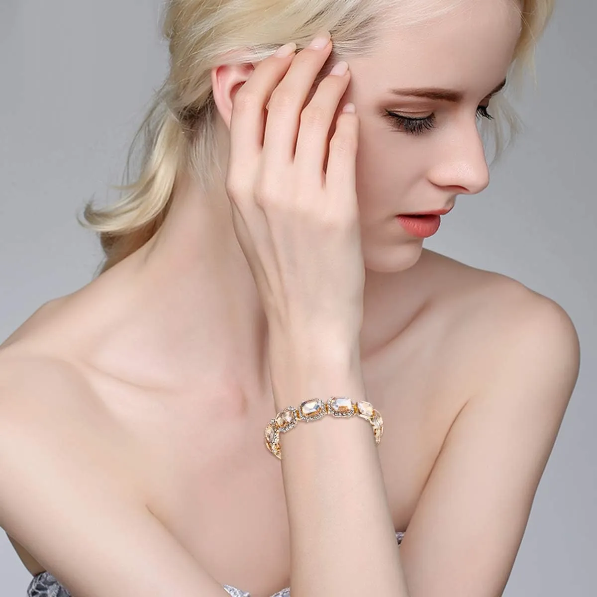BriLove Women's Wedding Bridal Multi Emerald Cut Crystal Open Bangle Stretch Bracelet