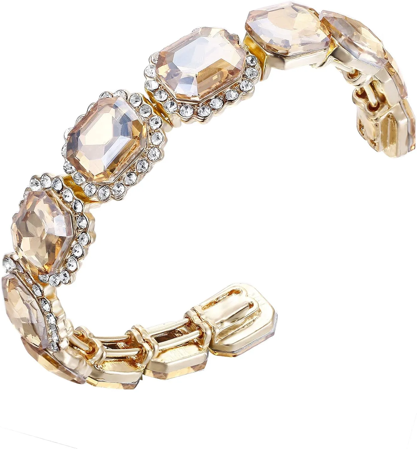 BriLove Women's Wedding Bridal Multi Emerald Cut Crystal Open Bangle Stretch Bracelet