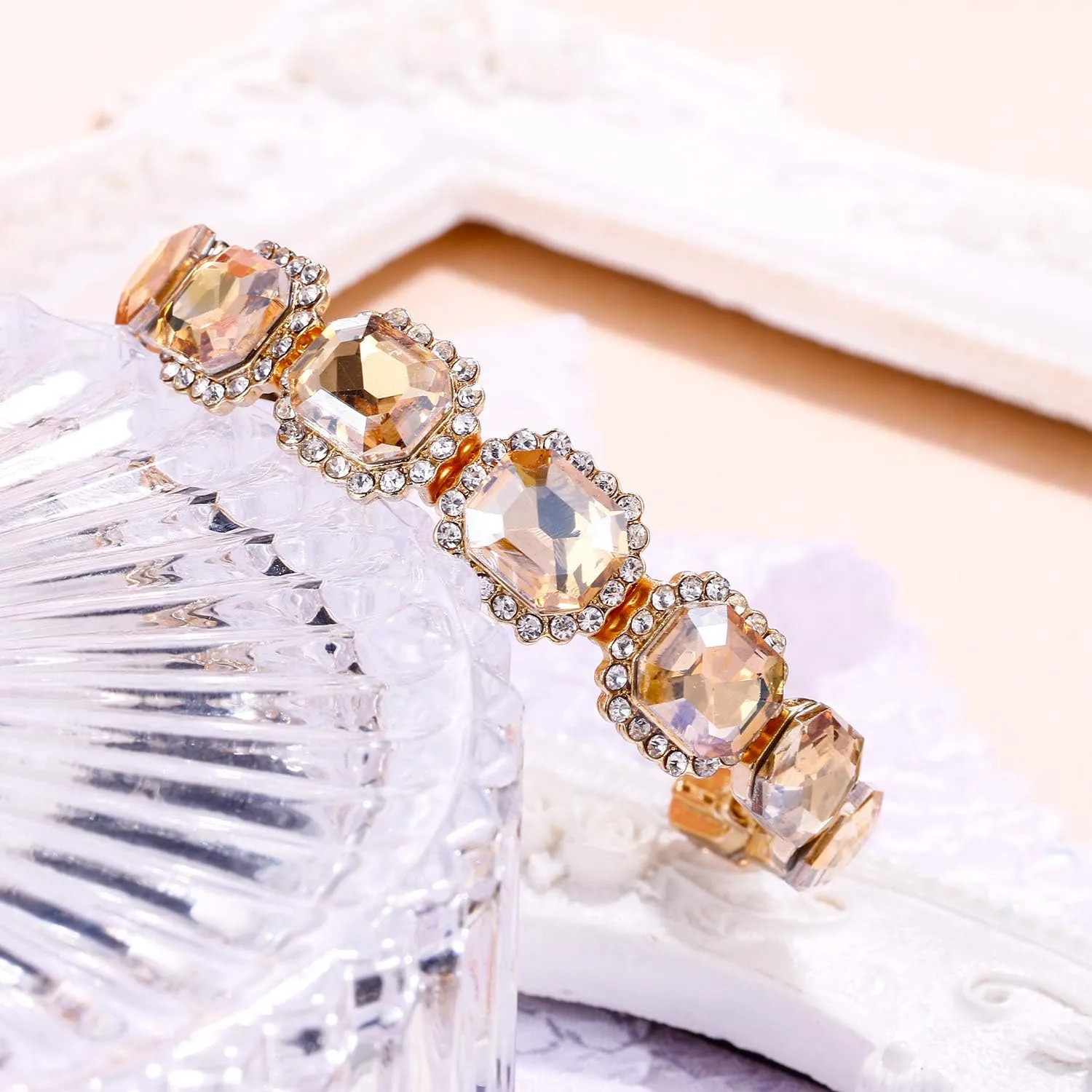 BriLove Women's Wedding Bridal Multi Emerald Cut Crystal Open Bangle Stretch Bracelet