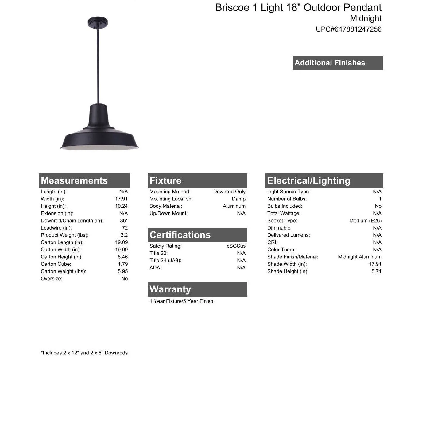 Briscoe 1 Light 18" Outdoor Pendant in Midnight