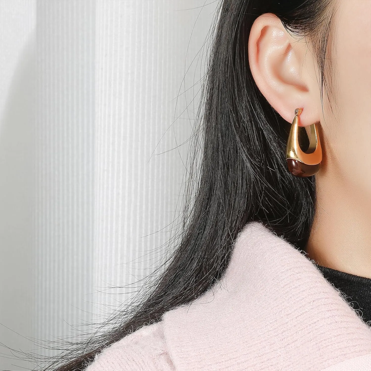 Brown Earrings Circle Chunky Earrings for Women Trendy 18K Gold Plated Stud Hoop Stainless Steel Hypoallergenic