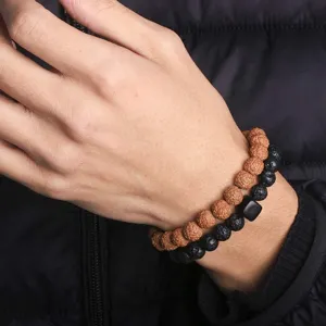 Buddha bracelets Bead Bracelet Tibetan Buddhist,Meditation Prayer Beads Bangle,Wood Prayer Natural Volcanic Stone   Bodhi Beads Tibetan Buddhist Meditation with A Square Sandalwood Couple Jewelry