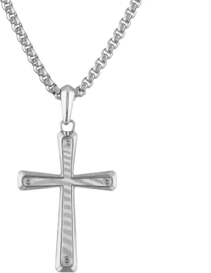 Bulova Men's Jewelry Rhodium Plated Sterling Silver Cross Pendant Necklace with Dasmascus Steel Inlay, Round Box Link Chain, Style:BVP1004-WMMNA