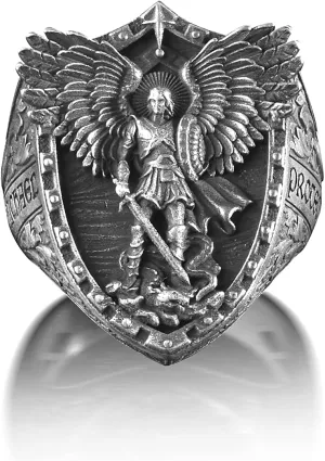 BySilverStone Jewelry - Archangel Michael Dragon Wings Signet Men's Ring, St Michael Extraordinary Christian Sterling Silver Faith Ring