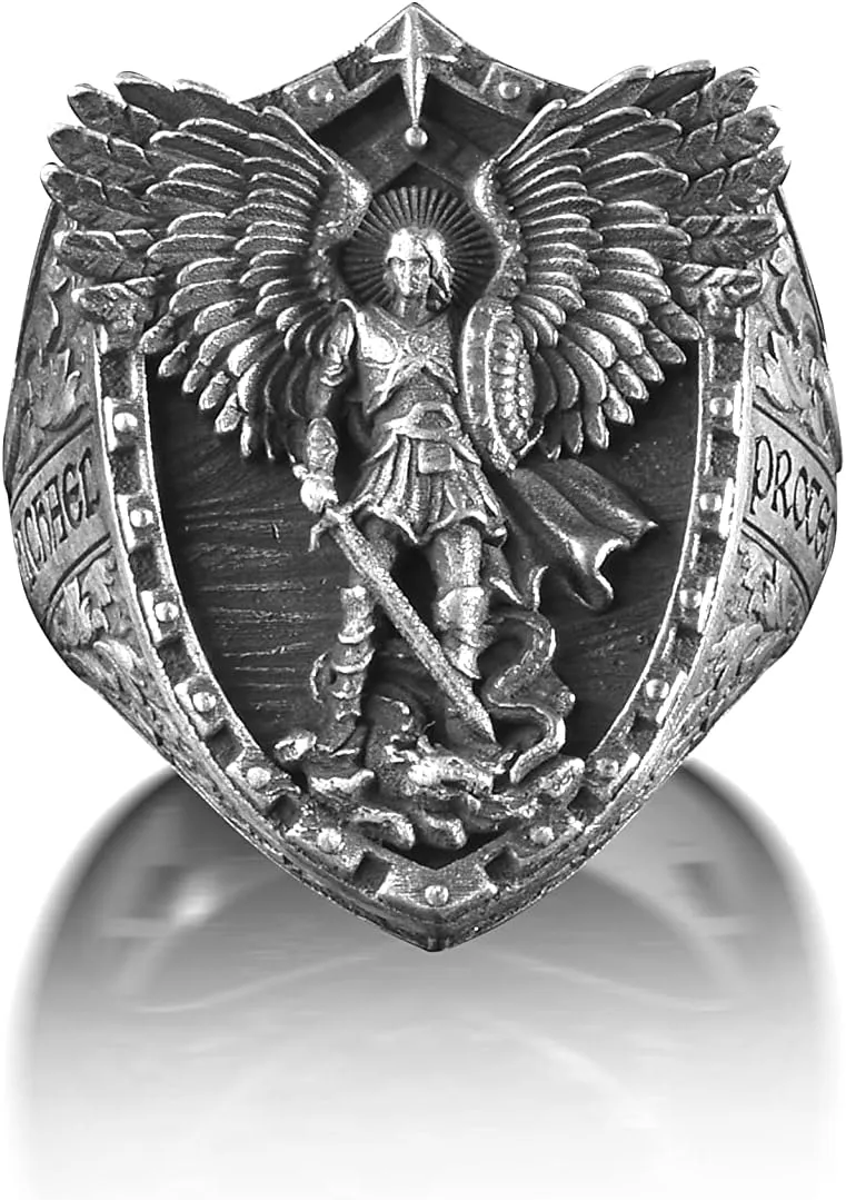 BySilverStone Jewelry - Archangel Michael Dragon Wings Signet Men's Ring, St Michael Extraordinary Christian Sterling Silver Faith Ring