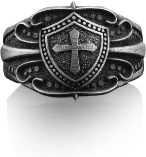 BySilverStone Jewelry - Cross in Shield Handmade Sterling Silver Men Ring, Christianity Symbol Cross Silver Ring, Cristian Cross Silver Men Jewelry, Ring for men