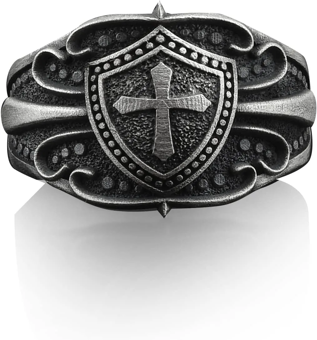 BySilverStone Jewelry - Cross in Shield Handmade Sterling Silver Men Ring, Christianity Symbol Cross Silver Ring, Cristian Cross Silver Men Jewelry, Ring for men