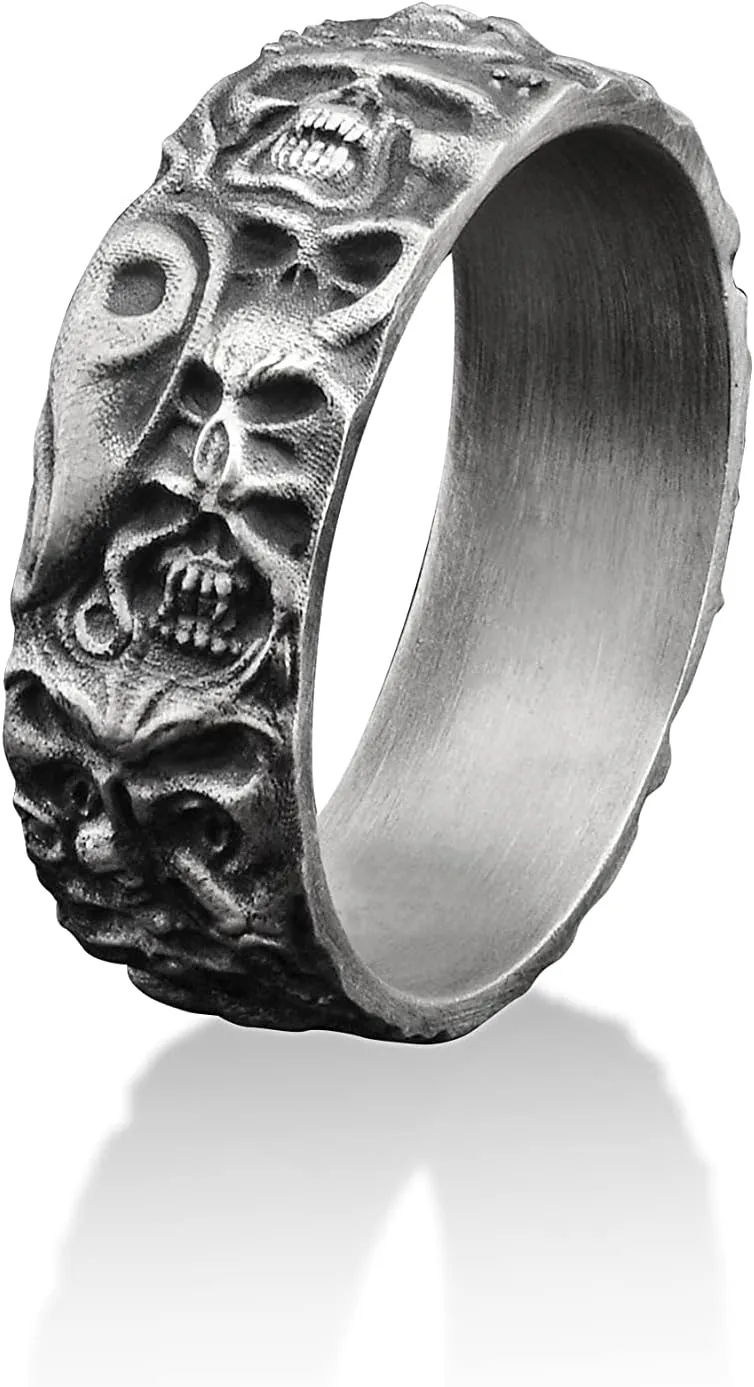 BySilverStone Jewelry - Demons Handmade Sterling Silver Men Band Ring, Lucifer Stackable Biker Ring, Silver Gothic Jewelry, Skull Gothic Ring