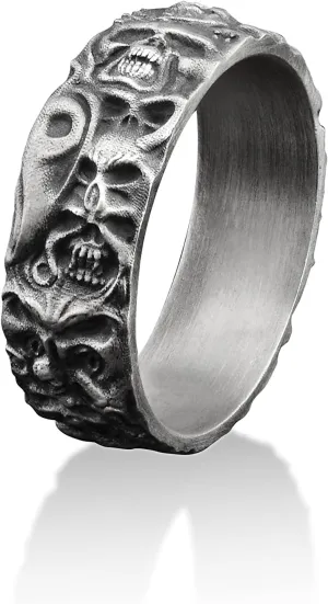BySilverStone Jewelry - Demons Handmade Sterling Silver Men Band Ring, Lucifer Stackable Biker Ring, Silver Gothic Jewelry, Skull Gothic Ring