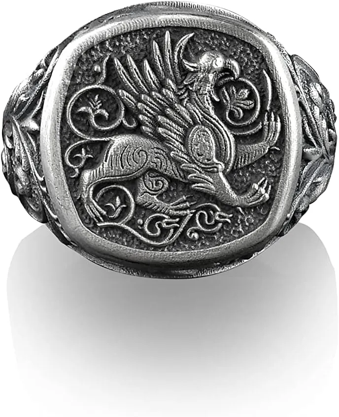 BySilverStone Jewelry - Griffin Square Signet Ring, Gryphon The Lion Bodied Eagle Headed Mythical Creature, Sterling Silver Mens Rings, Pinky Signet Rings for Women