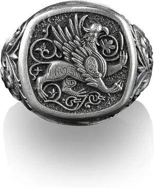 BySilverStone Jewelry - Griffin Square Signet Ring, Gryphon The Lion Bodied Eagle Headed Mythical Creature, Sterling Silver Mens Rings, Pinky Signet Rings for Women
