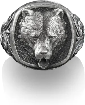 BySilverStone Jewelry - Grizzly Bear Ring, Sterling Silver Square Signet Ring, Chunky Biker Ring, Animal Lover Gifts, Signet Ring Men, Signet Ring Women
