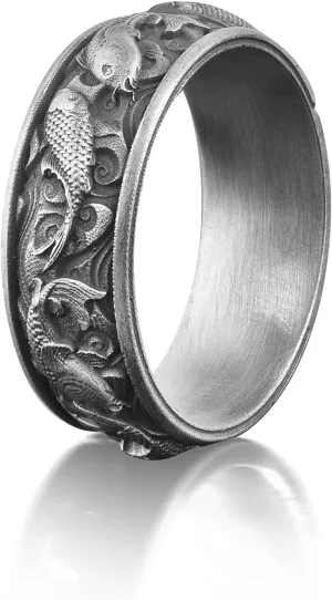 BySilverStone Jewelry Koi Fish Sterling Silver Mens Ring, Japanese Fish Nature Inspired Ring, Engraved Mens Engagement Ring, Pisces Ring For Dad Birthday Gift