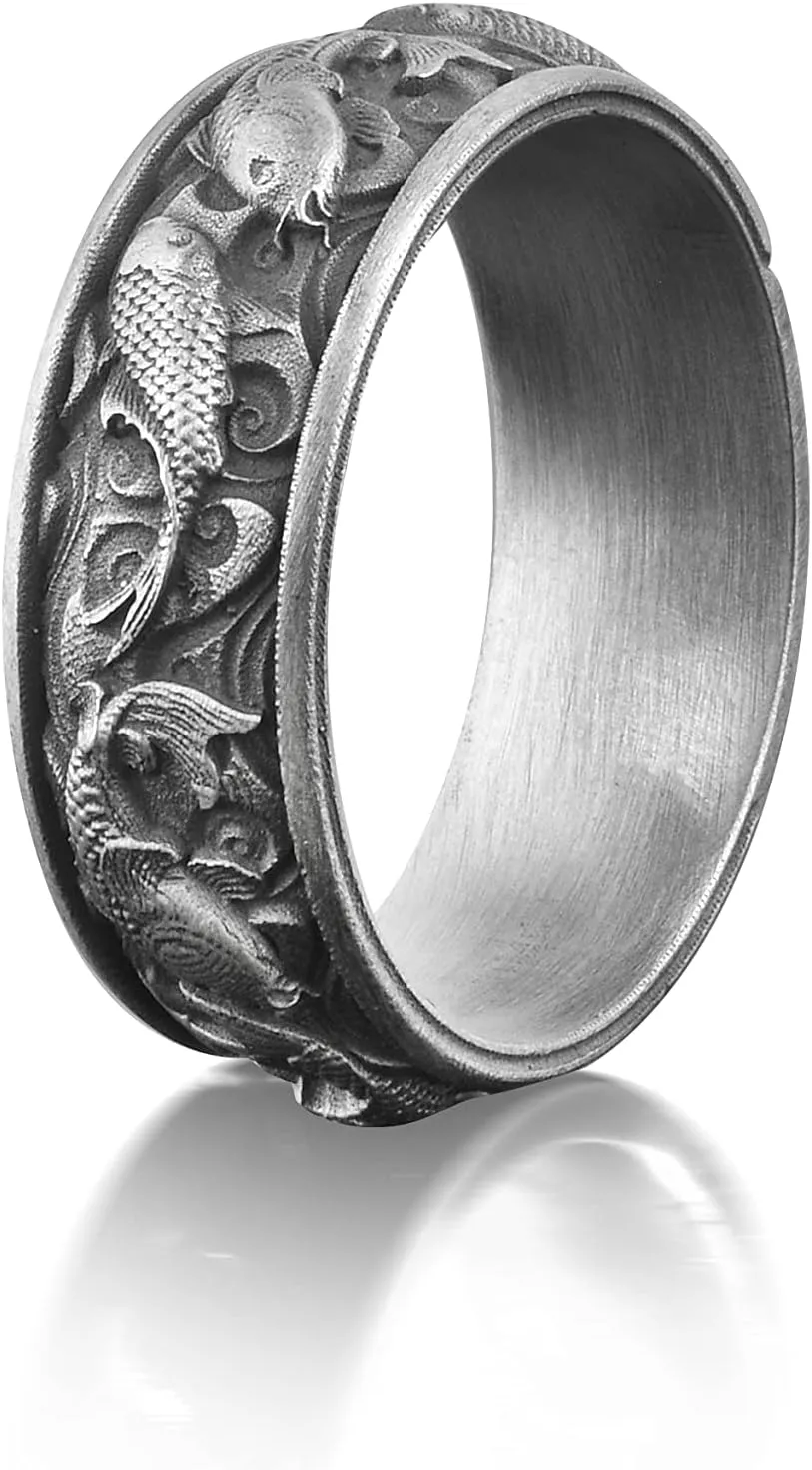 BySilverStone Jewelry Koi Fish Sterling Silver Mens Ring, Japanese Fish Nature Inspired Ring, Engraved Mens Engagement Ring, Pisces Ring For Dad Birthday Gift