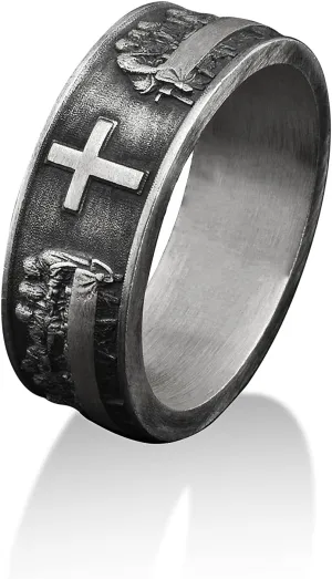 BySilverStone Jewelry - Last Supper Cross Handmade Sterling Silver Men Band Ring, Cross Wedding Ring, Stackable Cristian Ring, Religious Jewelry