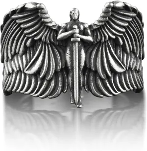 BySilverStone Jewelry Silver Ring Men - Archangel Michael Extraordinary Ring, St Michael with Wing Christian Ring in Oxidized Silver, Saint Michael Faith Ring, Religious Gift Ring
