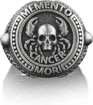 BySilverStone Jewelry Silver Ring Men - Cancer Memento Mori Zodiac Ring, Engraved Mens Signet Ring in Sterling Silver, Male Gothic Ring For Best Friend, Cool Skull Ring For Men