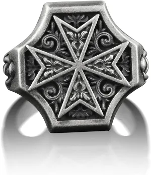 BySilverStone Jewelry Silver Ring Men - Maltese Cross Floral Mens Signet Ring, Christian Male Ring with Victorian Motifs, Religious Ring For in Oxidized Silver, Faith Ring For Dad