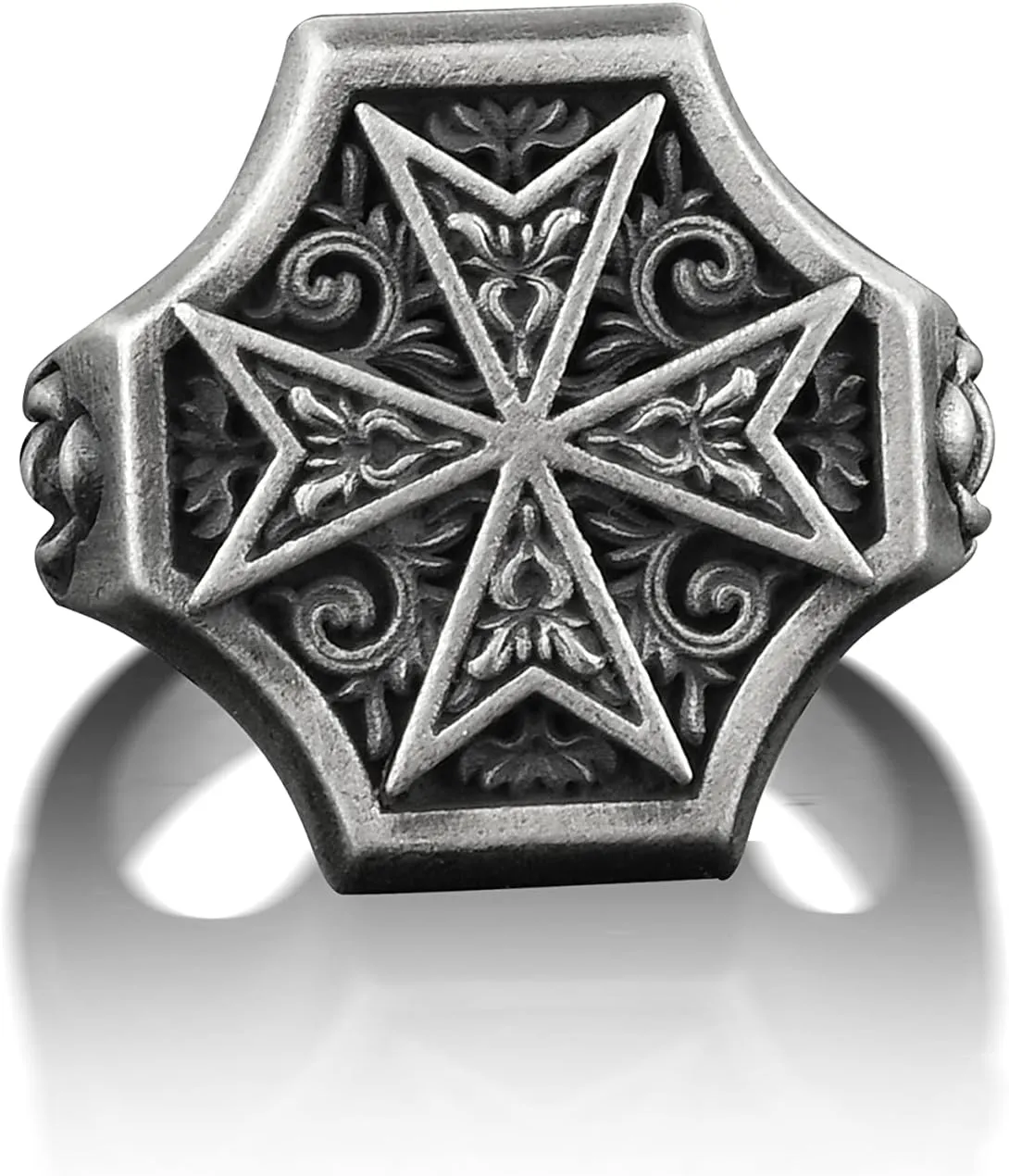 BySilverStone Jewelry Silver Ring Men - Maltese Cross Floral Mens Signet Ring, Christian Male Ring with Victorian Motifs, Religious Ring For in Oxidized Silver, Faith Ring For Dad