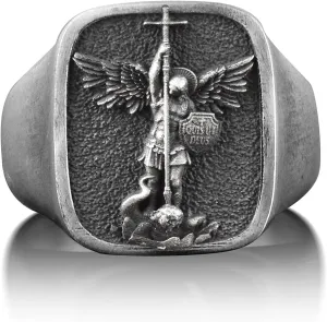 BySilverStone Jewelry Silver Ring Men - Saint Archangel Michael Christian Ring, St Michael Square Signet Ring For Men, Religious Mens Ring in Sterling Silver, Faith Ring For Family