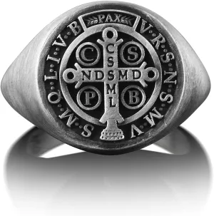 BySilverStone Jewelry Silver Ring Men - St Benedict Medal Mens Signet Ring, Extraordinary Cross Ring in Christianity, Religious Pinky Ring Men, Oxidized Faith Ring in Silver