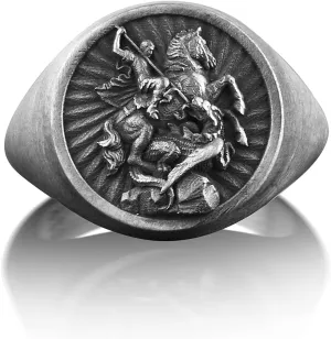BySilverStone Jewelry Silver Ring Men - St George of Lydda Faith Ring For Men, Saint George Christian Ring For Family, Pinky Signet Ring in Oxidized Silver, Religious Ring For Dad
