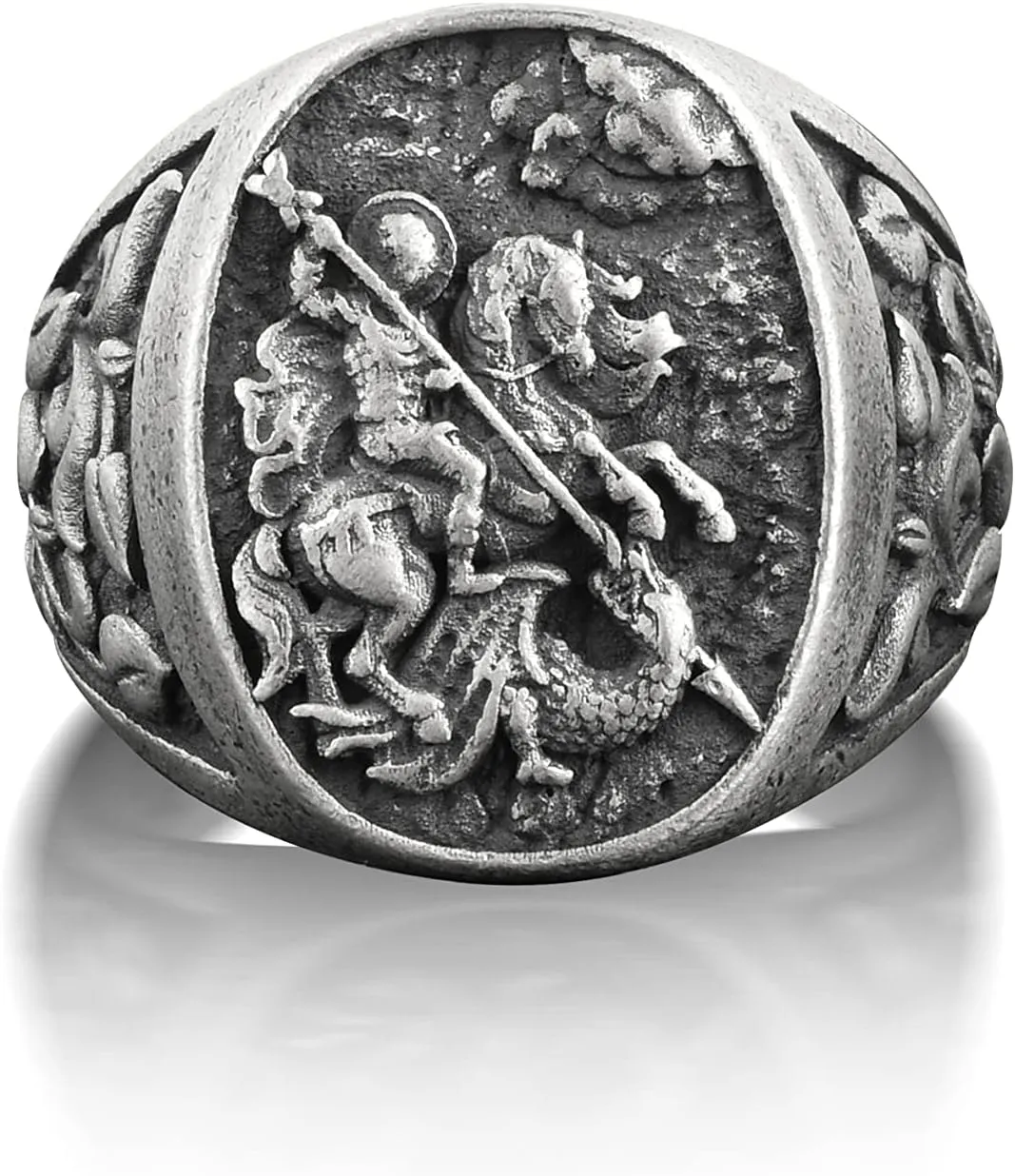 BySilverStone Jewelry St Michael Oval Signet Ring Men, Archangel Saint Michael with Floral Ornament Ring, Christian Ring For Family, Religious Ring For Husband