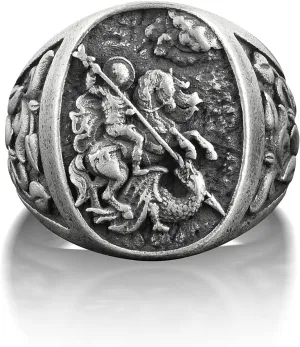 BySilverStone Jewelry St Michael Oval Signet Ring Men, Archangel Saint Michael with Floral Ornament Ring, Christian Ring For Family, Religious Ring For Husband