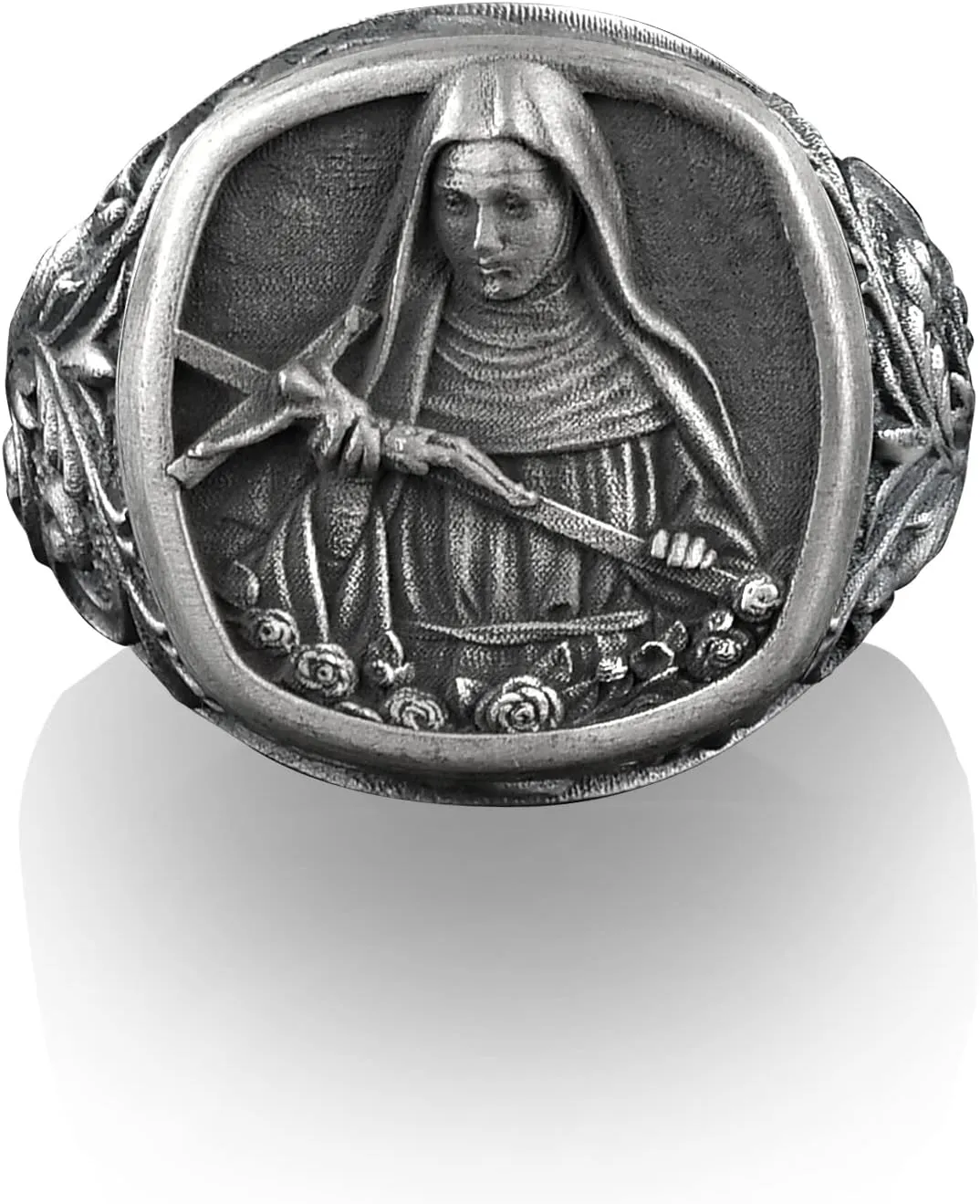BySilverStone Jewelry - St. Rita of Cascia Square Signet Ring, Sterling Silver Christian Mens Rings, Catholic Womens Pinky Rings, Long Distance Relationship Gifts
