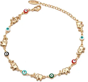Caiyao Lucky Turkish Evil Eye Bead Elephant Bracelet for Women Mother Handmade Enamel Evil Eye Adjustable Link Chain Bracelet 14K Gold Plated Good Luck Protection Amulet Jewelry Gift