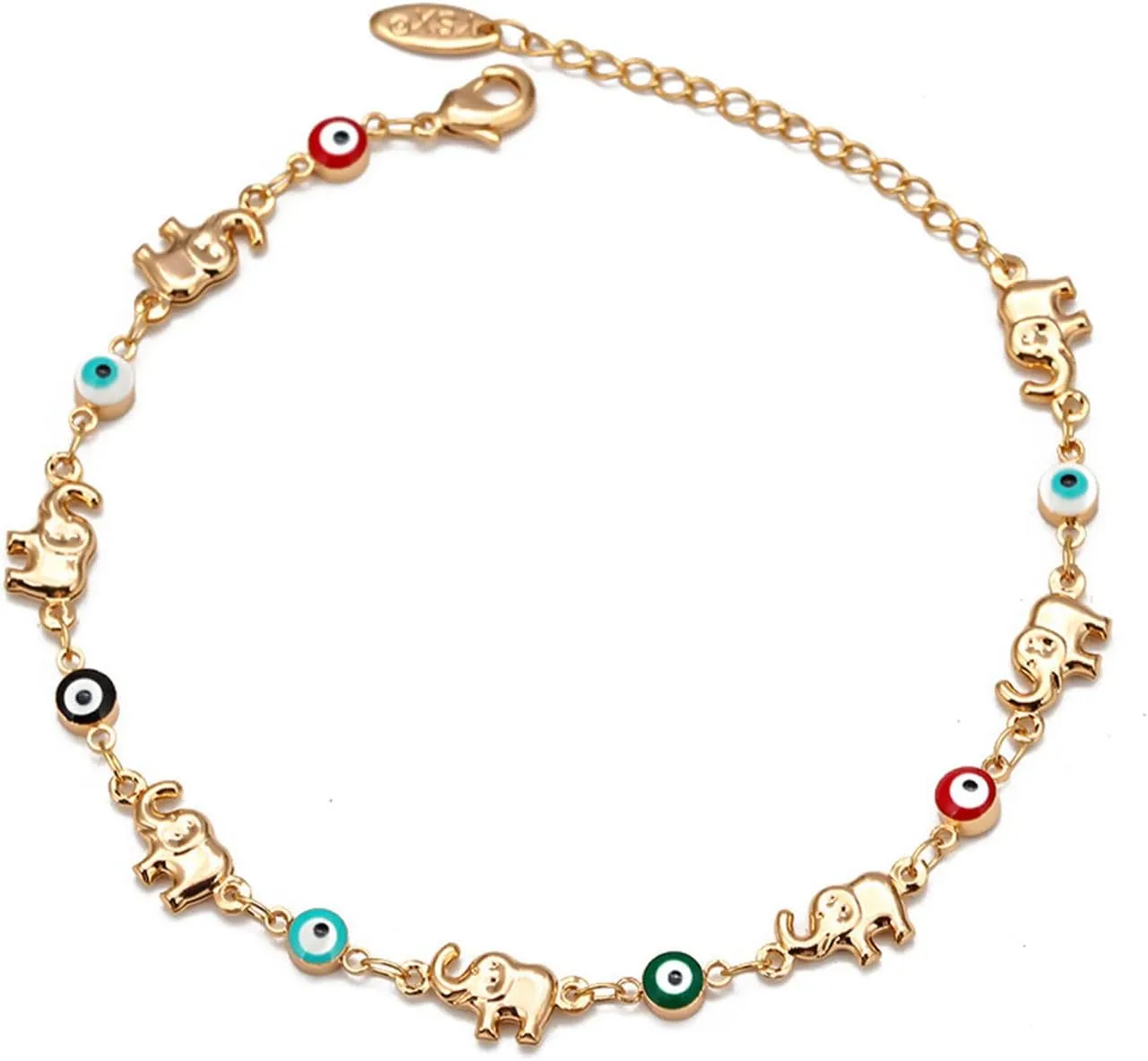 Caiyao Lucky Turkish Evil Eye Bead Elephant Bracelet for Women Mother Handmade Enamel Evil Eye Adjustable Link Chain Bracelet 14K Gold Plated Good Luck Protection Amulet Jewelry Gift