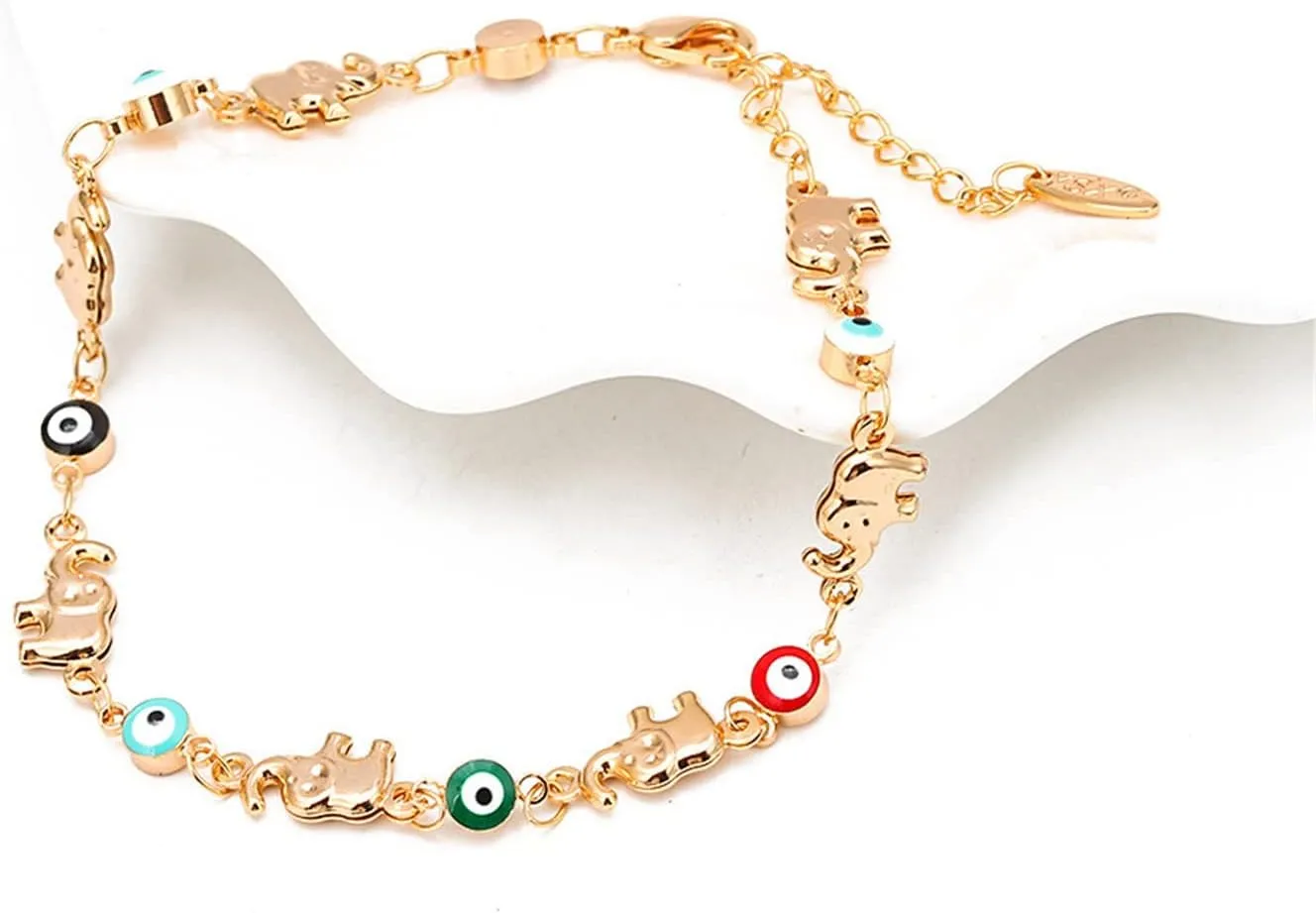 Caiyao Lucky Turkish Evil Eye Bead Elephant Bracelet for Women Mother Handmade Enamel Evil Eye Adjustable Link Chain Bracelet 14K Gold Plated Good Luck Protection Amulet Jewelry Gift
